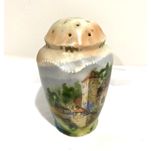 Vintage handpainted porcelain sugar shaker castor muffineer castles landscape